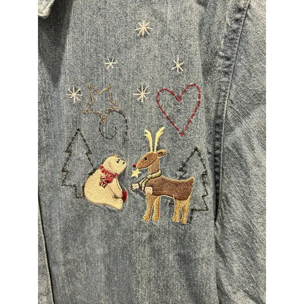 Christopher & Banks Womens‎ Large Blue Denim Embroidered Christmas Winter Shirt - Image 3