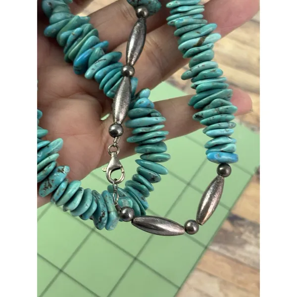 Turquoise Graduated Navajo Sterling Silver Necklace 23” 925 Barrel beads Clasp - Image 7