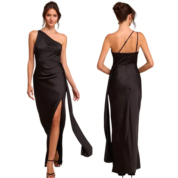 Lulus Dreaming of Elegance Black Satin One-Shoulder Maxi Dress size Small NWT - Image 2