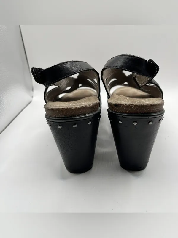 Dansko Felicia black leather wedge sandals, stylish strappy cut-out upper 39 - Image 5