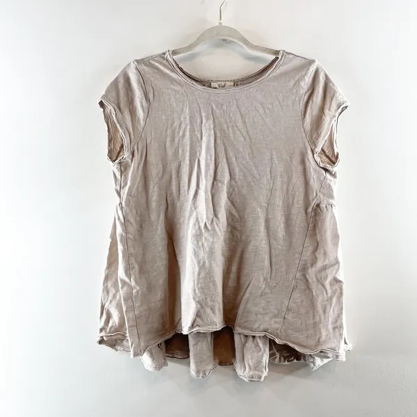 Easel Short Sleeve Peplum Swing T-Shirt Top Cotton Boho Tan Beige Small - Image 2