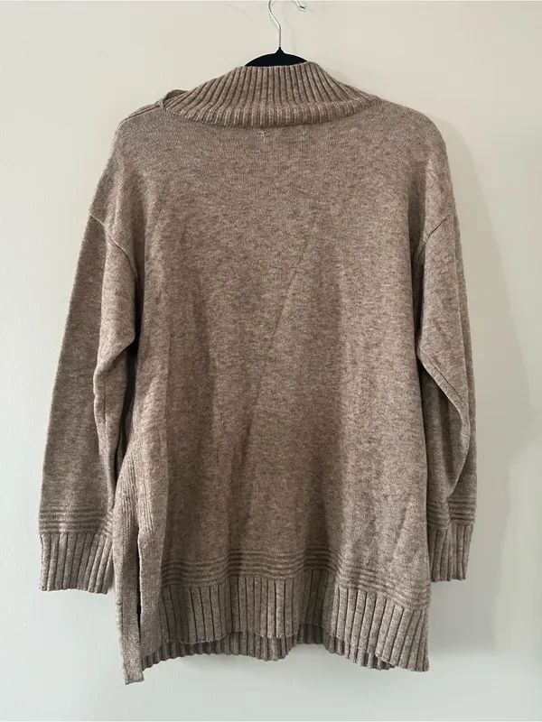 Anthropologie Tan Mock Neck Button Shoulder Tunic Sweater Medium Equestrian Cozy - Image 6