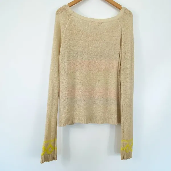 Lulus Boho Aztec Beige Embroidered Print Lightweight Knit Sweater Womens L - Image 6