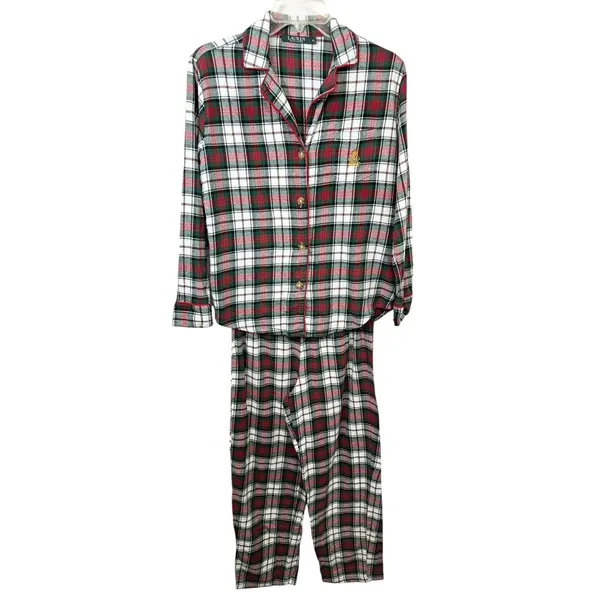 Lauren Ralph Lauren Small Plaid Pajama Set Green Red Christmas‎ Flannel 1134 - Image 2
