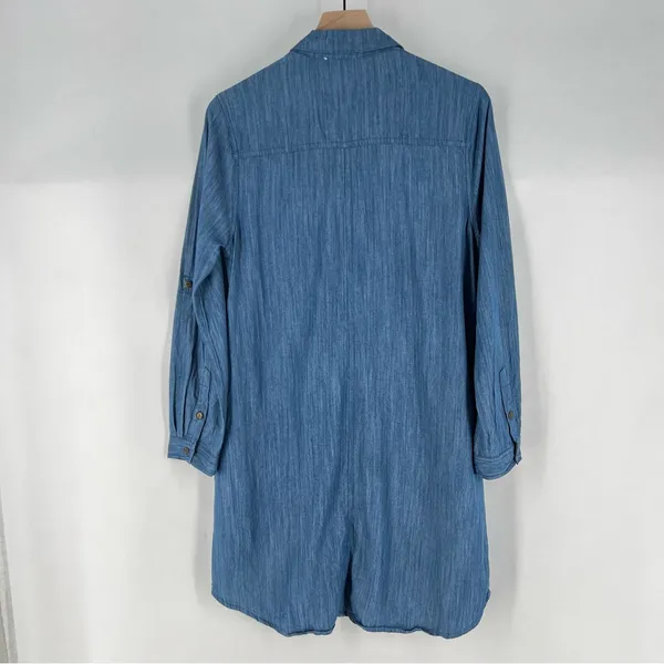 Umgee Blue Chambray Denim Button Front Shirt Dress‎ Long Roll Tab Sleeve Casual - Image 9