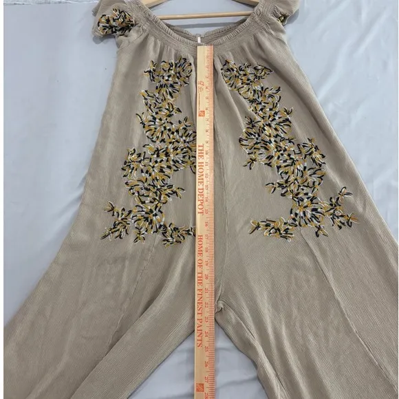 Free People Embroidered Wide Leg Jumpsuit Taupe Beige Boho Smocked Small - Image 5