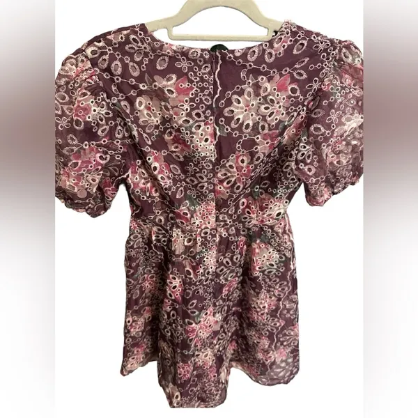 Altar’d State Maroon Floral Embroidered Puff Sleeve girly Keyhole front Dress - Image 2