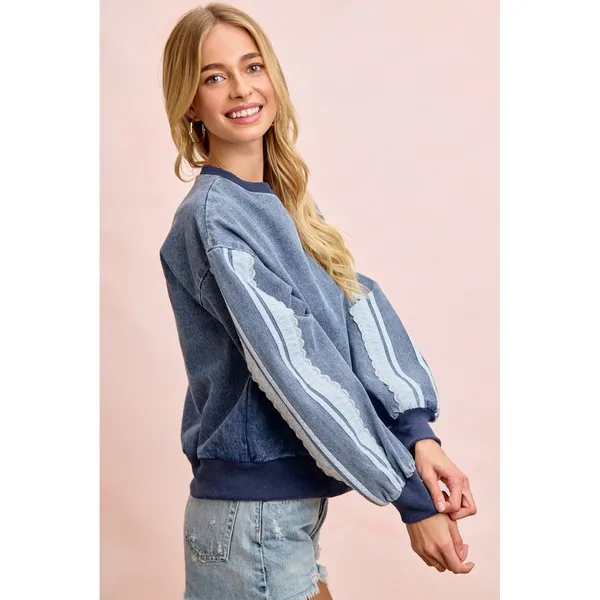 BiBi Washed Denim‎ Lace Contrast Sided Sweatshirt - Image 2