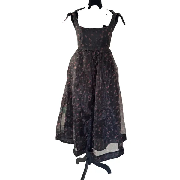 NWT Whimsigoth Floral Organza Midi Dress Black Rose Tie Shoulder‎ Smocked XS - Image 4