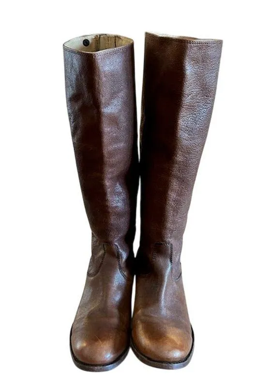 Frye Melissa Button Back Zipper Brown Leather Riding Boots, size 6 - Image 4