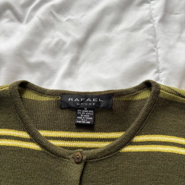 Vintage Rafael Sport Olive Green Striped Wool Cardigan Sweater Medium Streetwear - Image 2