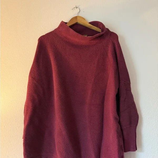 Free People Oversized Ribbed Turtleneck Sweater in Burgundy - Image 2