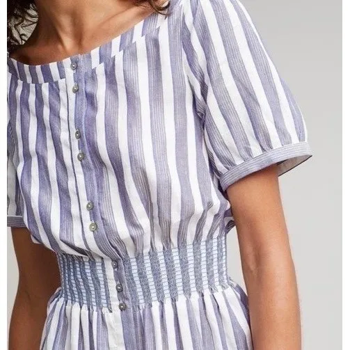 Anthropologie SEEN WORN KEPT Jenna Lurex Stripe Dress Blue White‎ Midi Size 12 - Image 5