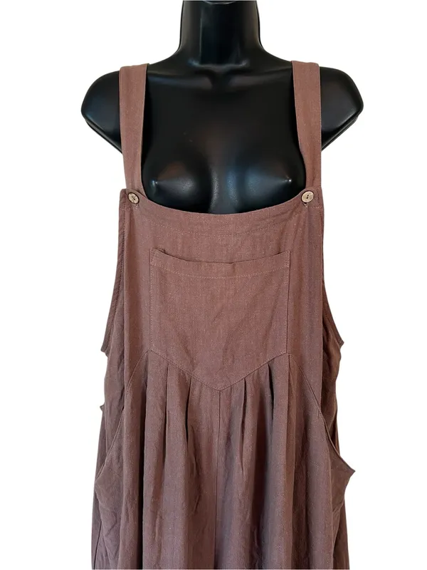 Caracilia Brown Wide-Leg Linen-Blend Overalls Jumpsuit - Image 3