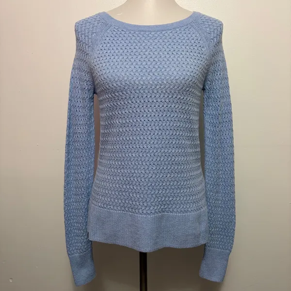 American Eagle Sweater Small Blue Back Zipper Open Knit Raglan Scoop Neck - Image 3