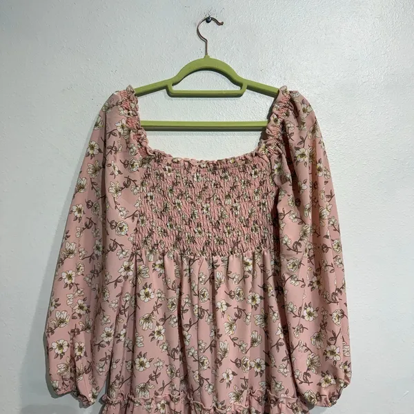 AS U WISH Pink Floral Smocked Long Sleeve Mini Dress Sz M - Image 8