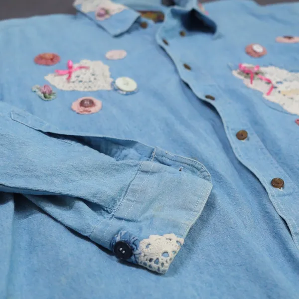Vintage Chaps Ralph Lauren Denim Shirt XL Custom Handmade Lace Cottagecore‎ DIY - Image 4