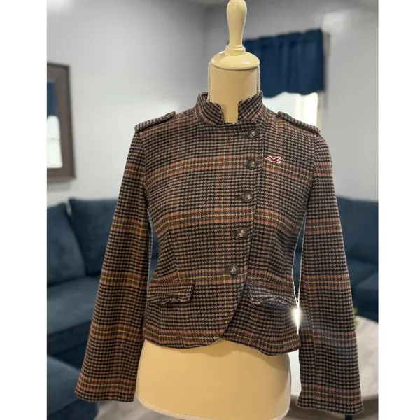 Hollister Brown Houndstooth Plaid Wool Blend Military Blazer Y2K Preppy academia - Image 2