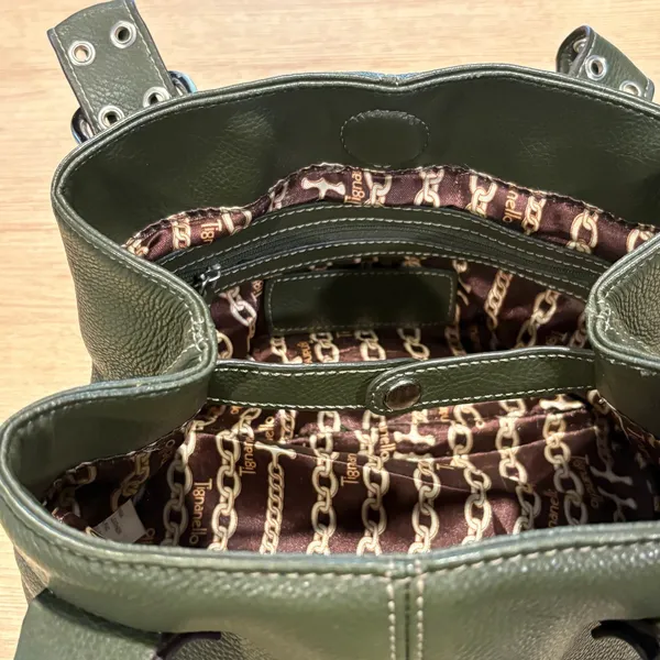 Tignanello Olive Green Pebbled‎ Leather Satchel Buckle Handbag Silver Hardware - Image 9