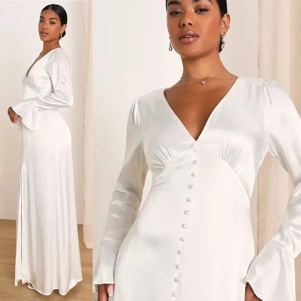 Lulus Elegant Celebration White Satin Long Sleeve Slip Maxi Dress - Image 8