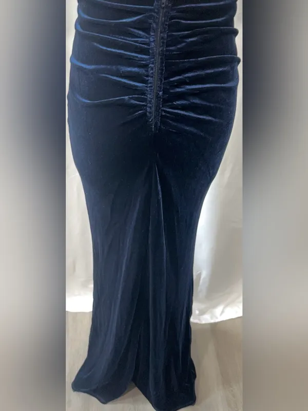 Crystal Doll Navy Velvet Off The Shoulder Formal Maxi Evening Gown Dress Size 1 - Image 7