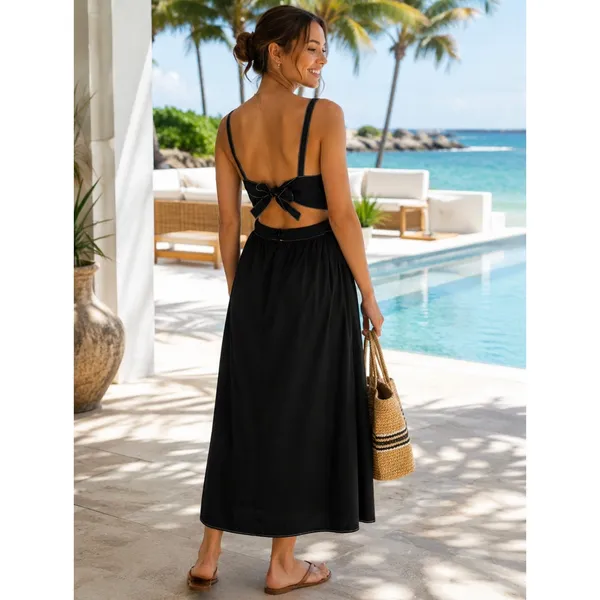 ZARA‎ Luiza Black Midi Dress Tie Back Contrast Stitching Pockets Poplin X-Large - Image 6