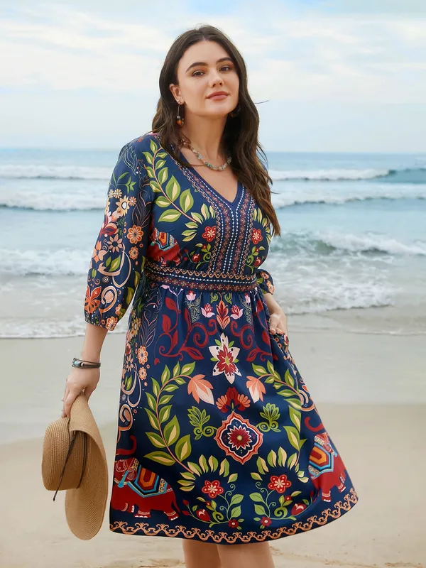 BloomChic Blue Floral Boho Dress V-Neck 3/4 Sleeve Midi Size 10 - Image 7