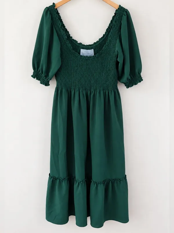 Hill House Louisa Nap Dress Emerald Green Smocked Puff Sleeve Midi Large Cottage - Image 7