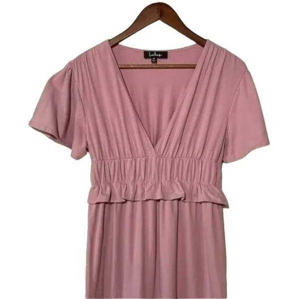 Lulus 100% Cotton Midi Dress Women's M Mauve Flutter Sleeve Smocked Waist V Neck - Image 3