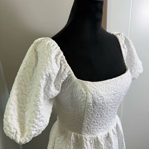 Lulus Puff Sleeve Midi Dress Floral Textured Corset Tie Back‎ Stretch Bridal M - Image 3