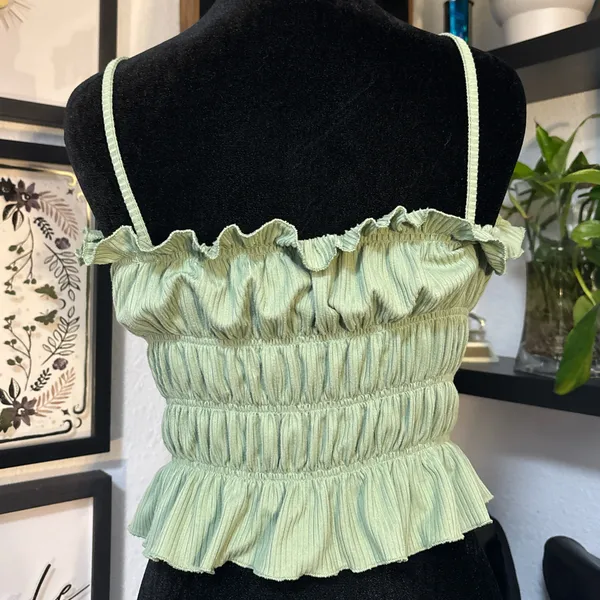 Sage Ribbed Tiered Crop Top with ruffle trim spaghetti strap Size L runs small - Image 2