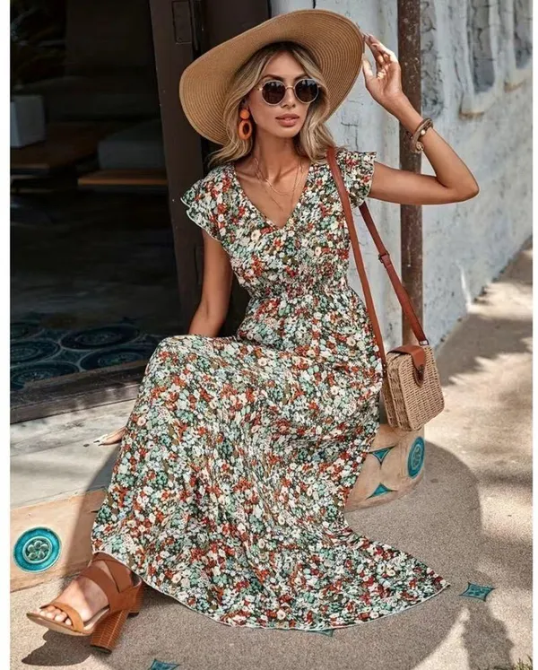 Women’s Ditsy Floral Ruffle Trim V Neck Smocked Waist Boho Maxi Dress NWT - Image 6
