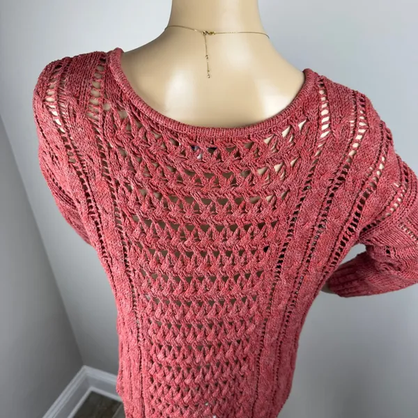 Red/Orange Crochet Knit Sweater Women's Open Weave Boat Neck 3/4 Sleeve‎ - Image 8