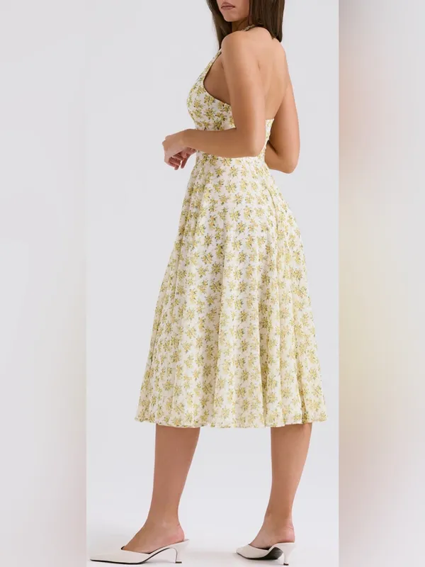 NEW HOUSE OF CB SOLADA Ivory Vintage Floral Print Georgette Halter Sz XL L+ - Image 4