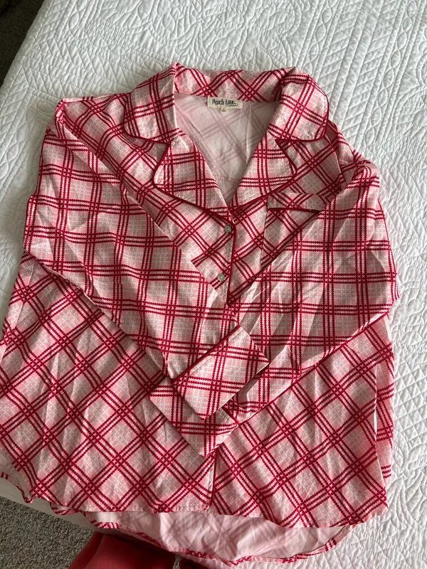 Peach Love California Pink and Red Plaid Pajama Set - Image 3