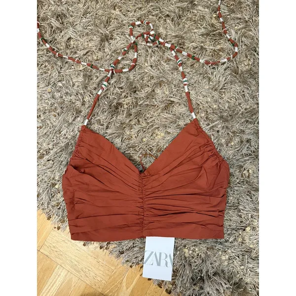 ZARA BEADED EMBROIDERED CROP TOP Brown Size Small NWT - Image 8