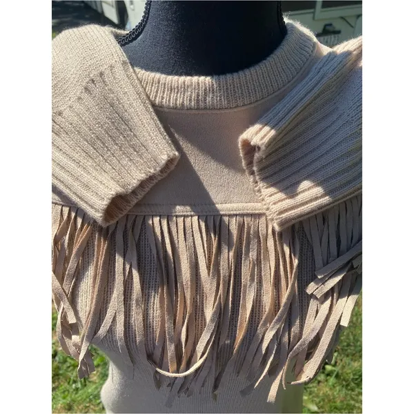 Rockin C Fringe Yoke Crewneck Sweater Beige Western Cowgirl Cozy Fall - Image 4