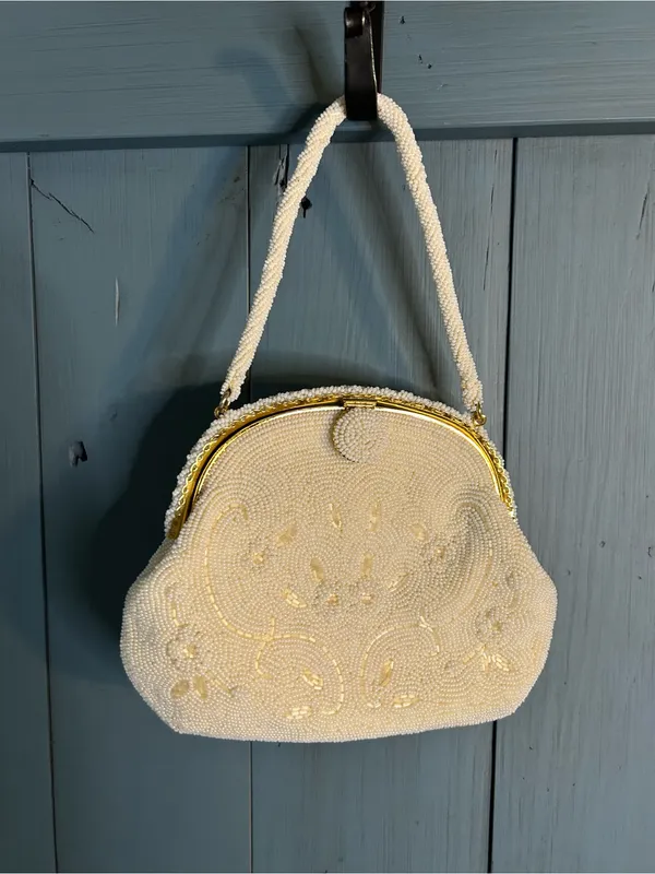 Vintage 1950’s Beaded Ivory Evening Bag with Gold Accents - Made in Japan - Image 2