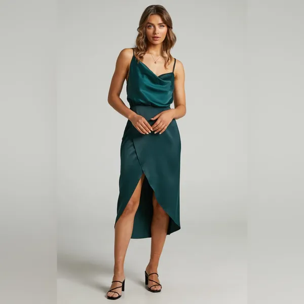 Showpo Sisters By Heart Asymmetric Cowl Neck Midi Dress in Emerald Satin Size 4 - Image 3