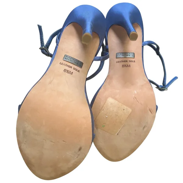 Badgley Mischka Amara T Strap Beaded Heels Sandals Sz 8.5 Light Blue Satin - Image 5