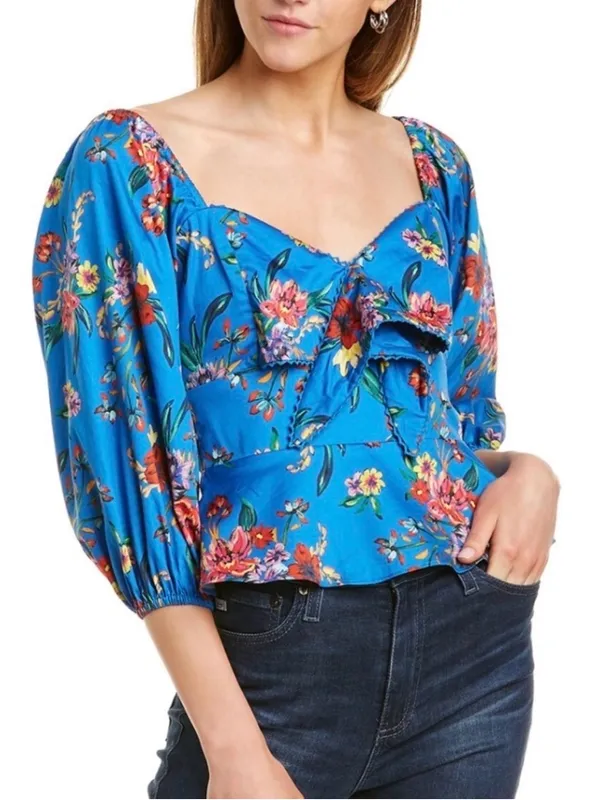 Parker Iggy Blue Floral Peplum Puff Sleeve Tie Front Blouse Size Small - Image 8