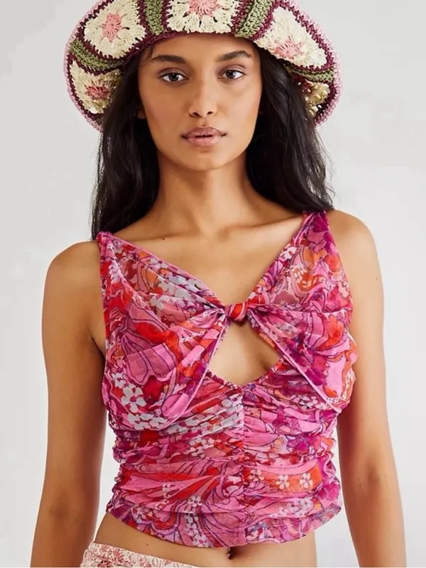 Free People Small Tell Me More Top Mesh Reversible Pink Ruch Floral Y2K Hippie - Image 4