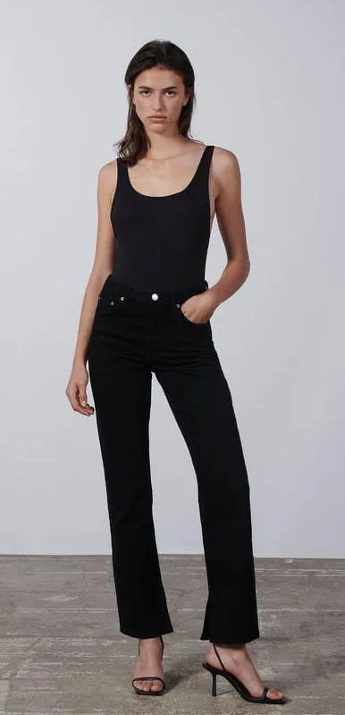 ZARA NWT black denim straight leg jeans with split hem - Image 4