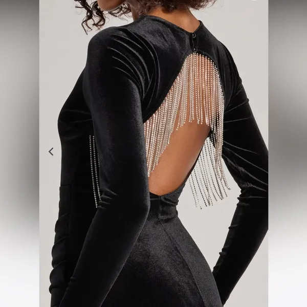 Rhinestone Fringe Backless Velvet Mini Dress Size Small - Image 4