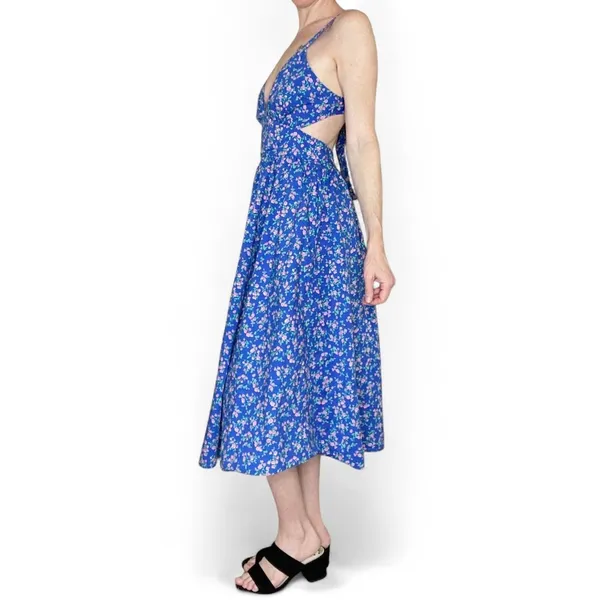 Mable Blue & Pink Floral Cottage Open Back Sleeveless Midi Dress - Image 4