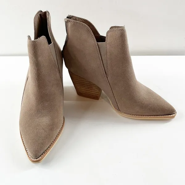Vintage Havana Collins Suede Pointed Toe Stacked Heel Ankle Booties Tan 6 - Image 2