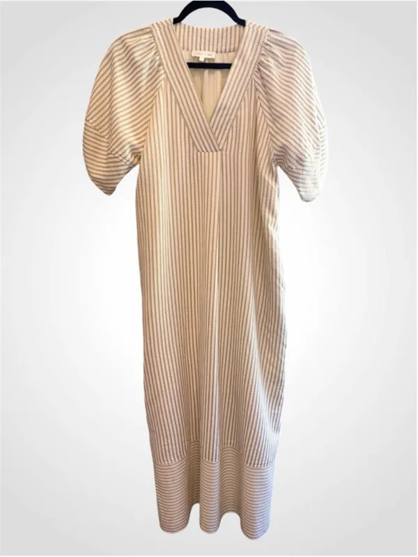 Entro Stipe Lantern Sleeve Midi Dress in Sand Size S - Image 2