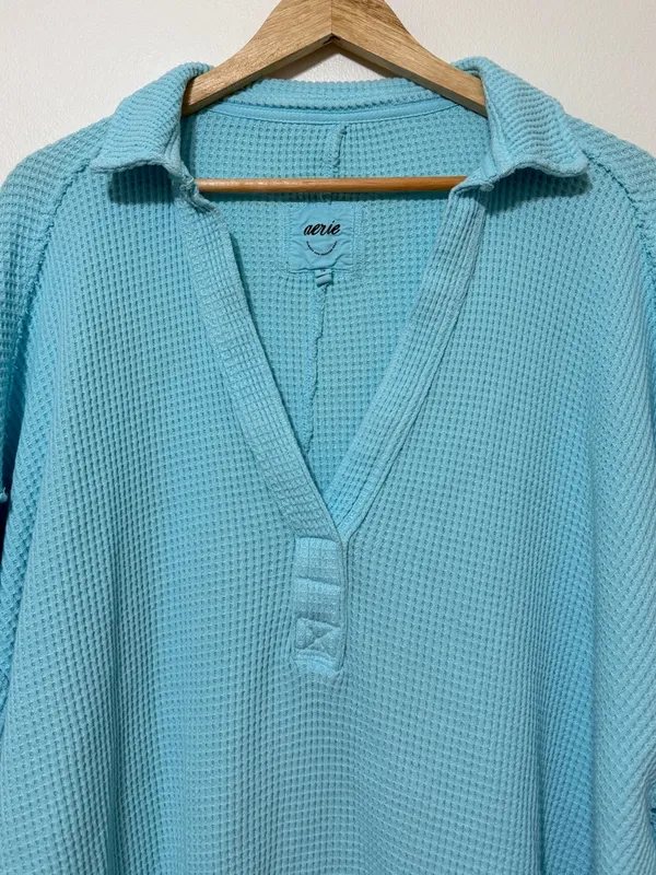 Aerie LumberJane Waffle Polo Sweatshirt Size XL Blue - Image 4