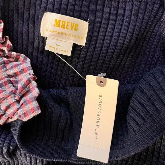 Maeve Anthropologie Ribbed Puff Sleeve Mini Dress Navy Gingham NWT‎ Size Small - Image 7