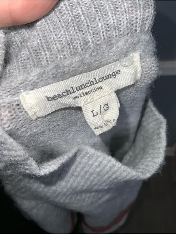 beachlunchlounge Gray Mock Neck Sweater with Rust, Pink & Cream Stripes L - Image 4